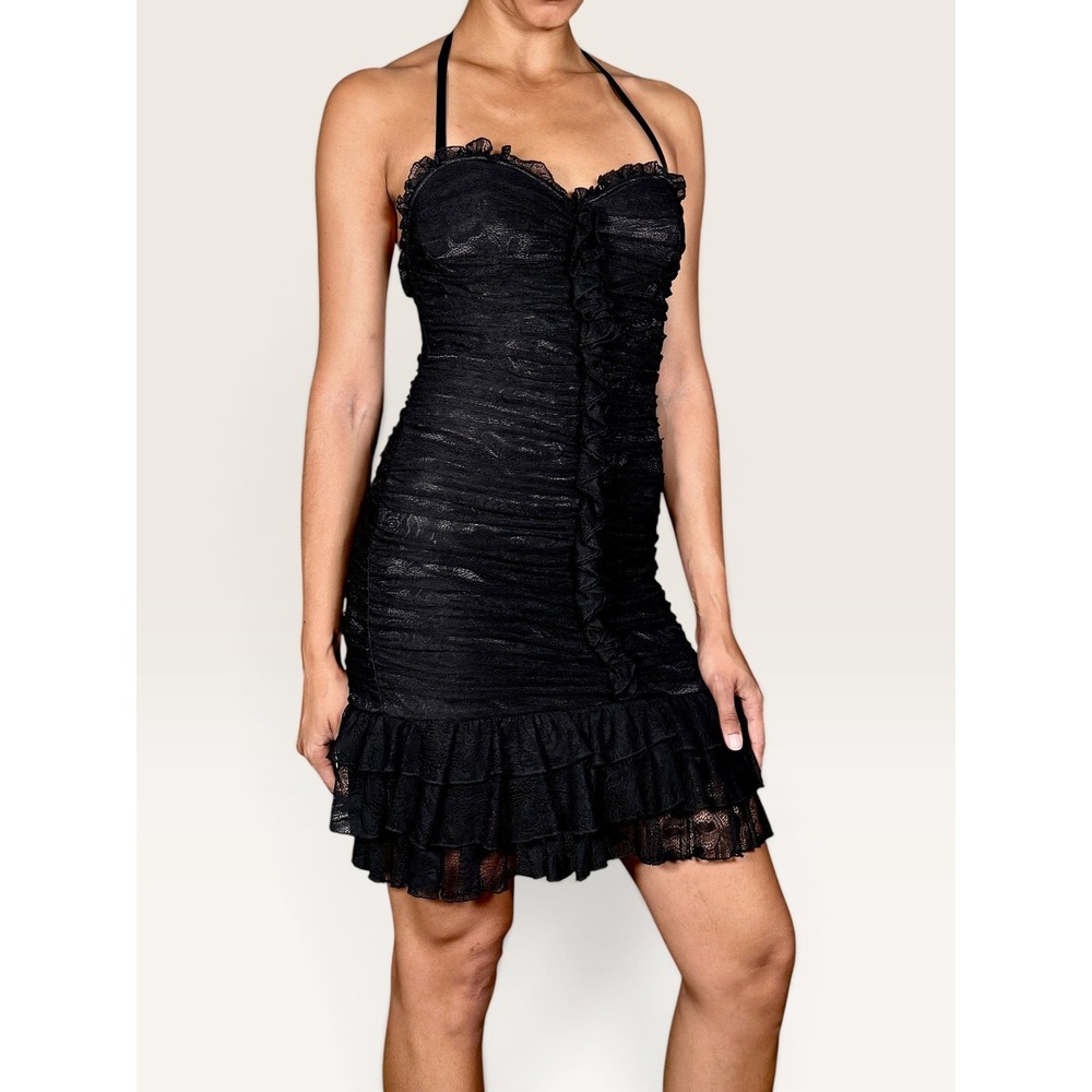 Bebe Black Lace Ruched Halter Mini Dress Sweetheart Neckline Whimsigoth Medium